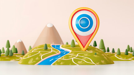 Poster - Map pin indicating location on a travel route surrounded by hills and trees for travel theme