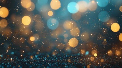 Poster - Abstract background featuring gold and turquoise blue glitter lights Blurred circular bokeh creates a festive atmosphere suitable for celebrations and events with ample space for text