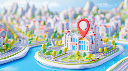 Poster - Map pin on city landscape with location map in vibrant scenery showcasing modern architecture and streets