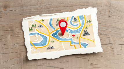 Poster - map with location pin on wooden table showing routes and landmarks