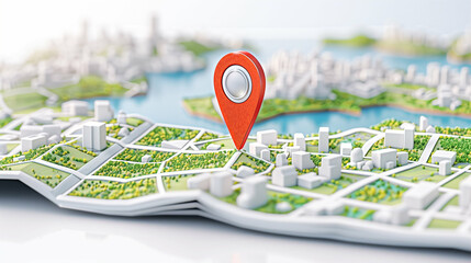 Poster - Map pin indicating location on detailed city map with urban landscape and waterways for navigation and travel planning