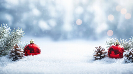 A snowy landscape with two red Christmas ornaments on the ground. The scene is peaceful and serene, with the snow covering the ground and the ornaments adding a festive touch