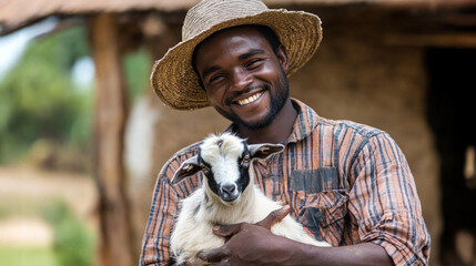 A smiling man gently holds a young goat on a sunny day in a rural farm setting