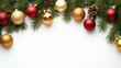 © Synthetica - A Christmas tree with many ornaments including gold and red balls. The tree is surrounded by a white background