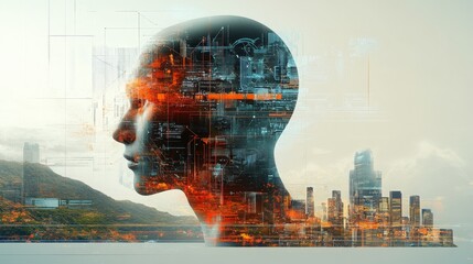Poster - Digital Human Silhouette Cityscape Abstract