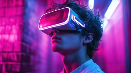 Wall Mural - Futuristic minimal cyber neon portrait of young man wearing VR glasses, life in virtual reality. Technological progress and the use of artificial intelligence.