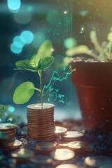 Wall Mural - Growing Investment: A Green Plant Sprouting from Stacks of Coins with Financial Graph Overlay, Symbolizing Wealth Growth and Prosperity in Business