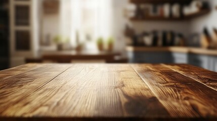 Empty wooden tabletop over defocused kitchen background with copy space 