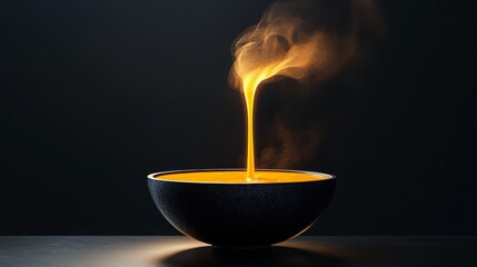 Golden Liquid Pouring into Black Bowl with Smoke and Vapor