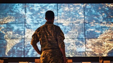 A soldier stands in front of a large screen displaying a map of the world.