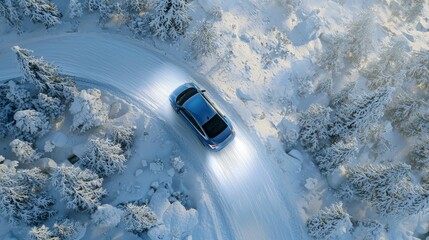 Leinwandbilder - In the forest, night roads and a car are pictured in aerial views. Drone shot.