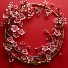 Aufkleber - Chinese festival gong xi fa cai celebration concept of red gold sakura flower and branch, cherry blossom, chinese lantern, round border frame greek key. 3D rendering illustration.