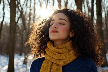 This is a portrait of a young woman standing in a snowy winter forest, seen from the front.