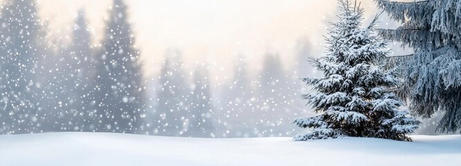 Poster - Holiday blurry background with Xmas tree with glass garland lights. Widescreen background. Winter art border for the New Year.