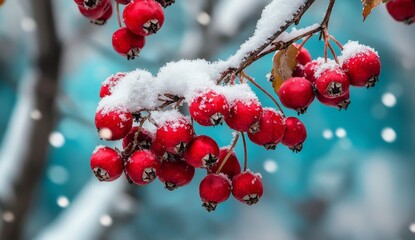 Aufkleber - Snowy bunches of red rowan berries on rowan tree in winter landscape. Frozen tree scene, natural abstract background. Winter season. Cold weather.