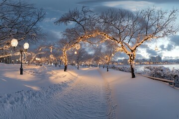 Poster - A romantic fairytale landscape of spruce trees, a garland of light chains and street lights in the middle of a winter park at night.