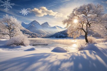 Poster - At sunrise, landscape photography in the Dolomites, Three Peaks Dolomites, South Tyrol, Italy, at half-frozen Lago Dobbiaco, Dolomites, South Tyrol