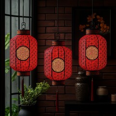 Aufkleber - Stunning red lantern mounted on an old traditional street, concept of Chinese lunar new year festival.