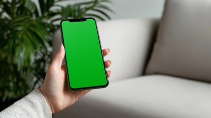 In her cozy living room, a young woman uses her green mock-up screen smartphone while sitting on a couch. Over the shoulder shot.