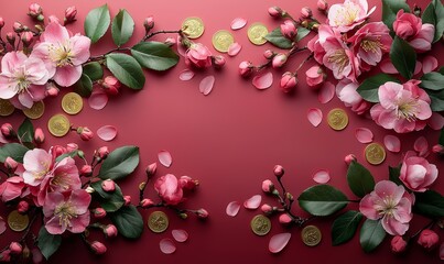 Aufkleber - The top view of the Happy Chinese New Year or Lunar New Year festival decorations with a red background. (Chinese characters 