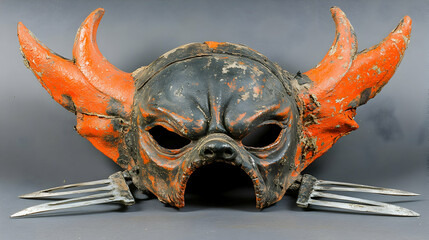 An ancient wooden mask with horns and sharp blades,  a symbol of power and ritual.