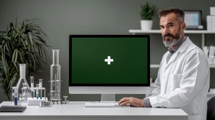 Aufkleber - Doctor working at PC with green screen in laboratory analysing virus evolution. Microbiologists working on vaccine research writing on device with chroma key, isolated, mockup display.