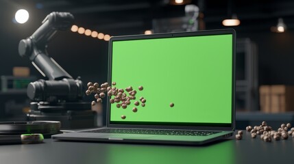 Fototapete - In this Over the Shoulder Shot, an automation engineer is using a laptop computer with a green screen mock up display screen. The robot is holding a microchip. The automation startup is in the