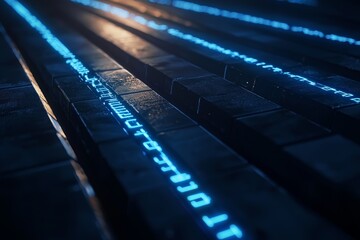 Leinwandbilder - On a computer screen background, blue digital binary data is displayed