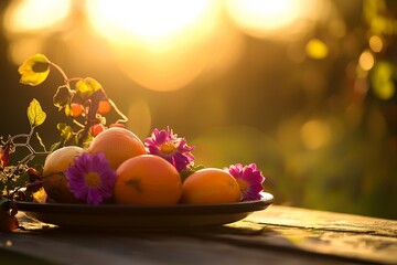 Poster - Background with beautiful Thanksgiving decorations. Fruits, flowers, vegetables and leaves on pumpkins.