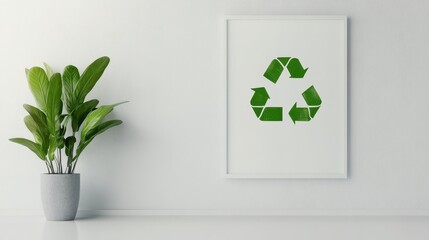 Canvas Print - A modern interior featuring a green plant beside a recycling symbol artwork on a white wall, emphasizing sustainability and eco-friendliness.