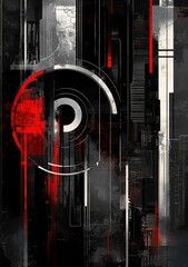 Poster - The background is black and red with abstract geometric patterns