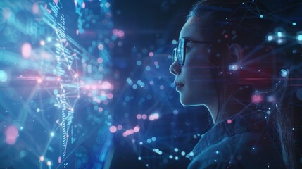 Poster - Software engineer wearing glasses is analyzing data from a futuristic holographic big data interface, representing innovation in technology and data analysis