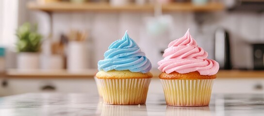 Poster - An array of pastel colored icing frosting toppings on white marble counters with a blurry bright contemporary kitchen background.