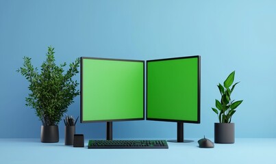 Leinwandbilder - Various computer monitors, computers, laptops, phones, tablets with green screens. Device mockup template. Flat modern illustration. Icons representing devices.