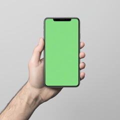 Poster - A close-up of a hand holding a smartphone with green screen on a light background.