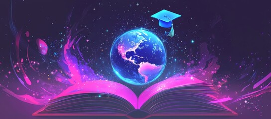 Poster - The dark background of a futuristic education shows an open book, a graduation cap, and a globe of the world.