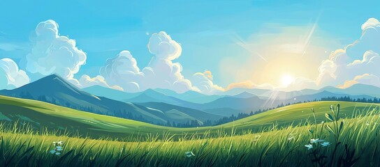 Poster - Green fields, green hills, bright blue sky, dawn landscape illustration