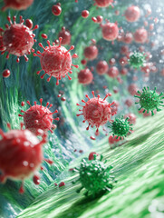 3D medical illustration of the human immune system, focusing on white blood cells attacking bacteria