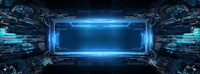 Leinwandbilder - An abstract design concept for a futuristic digital screen or video game interface with a blue technology background with neon lights and empty text area surrounding a blue frame border.