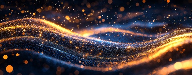 Poster - Flow of abstract data with glowing blue and orange dots on a dark wave.