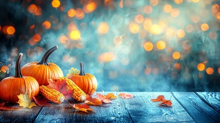 Poster - Pumpkins with fruits, flowers, vegetables, and leaves on a bright background.