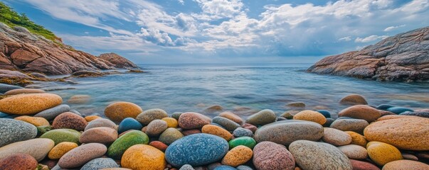 Wall Mural - A serene coastal scene featuring colorful pebbles by the water under a cloudy sky.