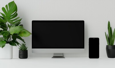 Poster - Flat design devices mockup template. Computer monitor, computer, laptop, phone, tablet isolated on green background.