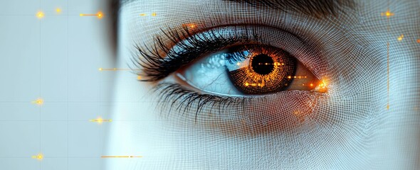 Aufkleber - Illustration of digital reality, stock, or stock, in the form of a close-up of the human eye rendered in a wireframe mesh.