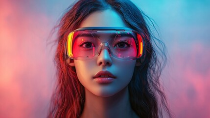 Poster - Virtual reality glasses with neon lights worn by a person