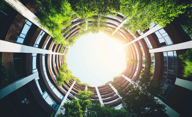 Circular view of a green building with plants on each level, looking up towards the sun.