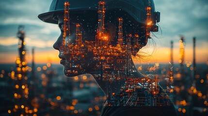 Poster - The image depicts a man wearing a hard hat in a cityscape. The man represents the human element in an era in which machines dominate.