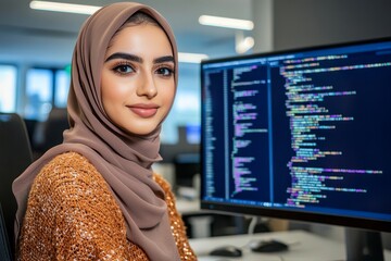 Poster - The portrait shot shows a concentrated middle-aged girl sitting at a desk in an IT company office writing program code on a computer screen while looking at the screen, Stock photo.