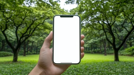 Poster - A hand holding a modern smartphone with a blank screen in a vibrant park full of greenery.