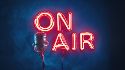 Illuminated ON AIR neon sign featuring a microphone against a deep blue backdrop